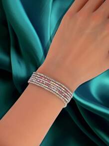 6 Stücke luxuriöses mehrlagiges Strass-Armband, bunter, glänzender, eleganter, minimalistischer Armband-Entwurf für Frauen, Modezubehör für den täglichen Gebrauch, Partys, Strand im Sommer