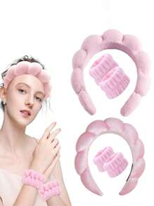 1 pièce/2 pièces/3 pièces Set de bandeaux de spa en forme de nuage, bandeaux et serre-poignets en éponge torsadée douce pour le yoga, les soins de la peau et le maquillage. Bandeaux de lavage du visage de couleur unie pour femmes. Set de bandeaux et serre-poignets de douche pour le maquillage et le lavage du visage. Accessoires pour la tête et les cheveux pour la rentrée scolaire