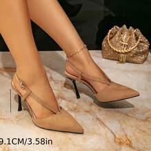 Women's Khaki Furry High Heel Sandals |   Stiletto Heel Fashion Buckle Pointed Toe Slip-On High Heel Sandals - Khaki - View 2