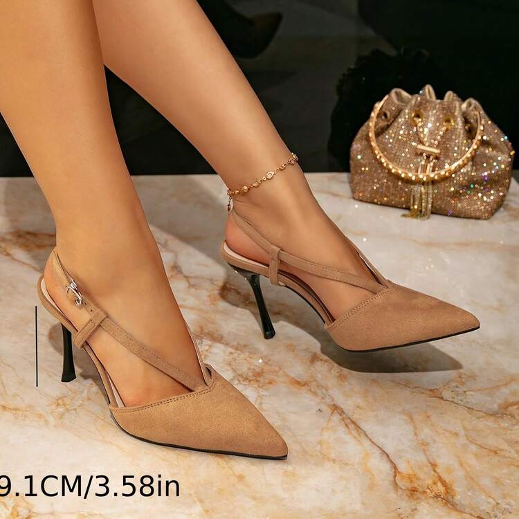 Women's Khaki Furry High Heel Sandals |   Stiletto Heel Fashion Buckle Pointed Toe Slip-On High Heel Sandals - Khaki - View 2