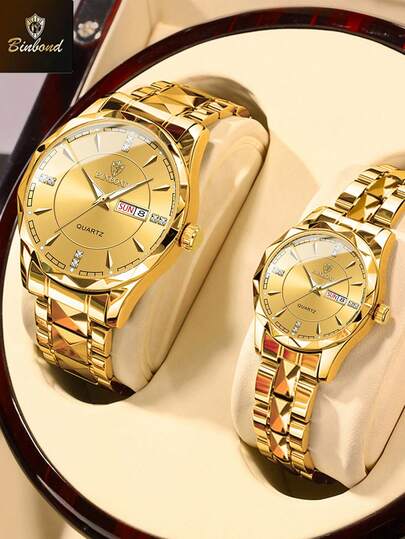  BINBOND 2PCS Couple Quartz Watch Roman Numeral Fashion Stainless Steel Waterproof Men Wristwatch Women Lovers Watches Valentine's Day Gift For Lovers