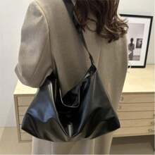 Black Minimalist Leather Shoulder Bag, Large Capacity