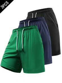 3 pezzi/confezione Pantaloncini da uomo con vita con coulisse, tinta unita, leggeri ad asciugatura rapida, adatti per uso quotidiano, escursionismo, corsa, esercizi estivi