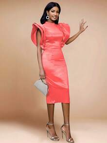 Shiny High Neck Ruffled Tiered Sleeves Midi Dresses For Women Elegant High Waist Formal Party Cocktail Dress,For Birthday, Wedding Guest, Graduation, Dinner, Homecoming