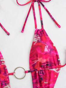 1pc Women's One-Piece Sexy Hollow Out Tie-Dye Printed Swimsuit With Circle Decor - Burgundy - View 5