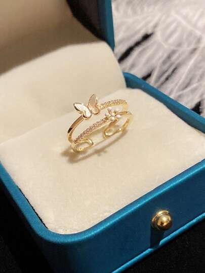 1 Butterfly Double Ring, Niche Design, Premium Sense Index Finger Ring, Fashion Personalized Open Ring