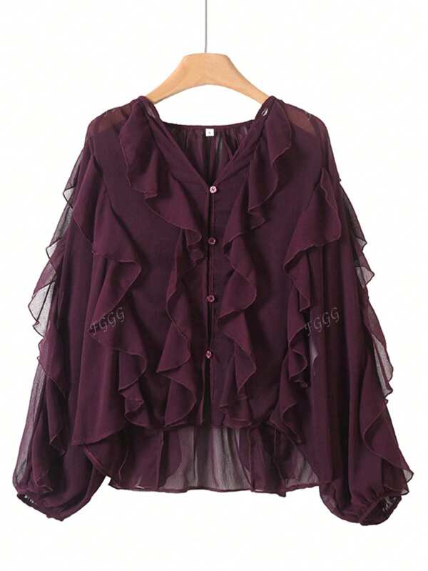 Modieuze effen blouse met gelaagde ruches