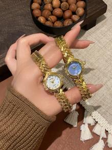 1 pieza Reloj de moda de estilo clásico francés de lujo, con carcasa de concha azul, diseño simple y elegante, adecuado para uso diario y como regalo de cumpleaños