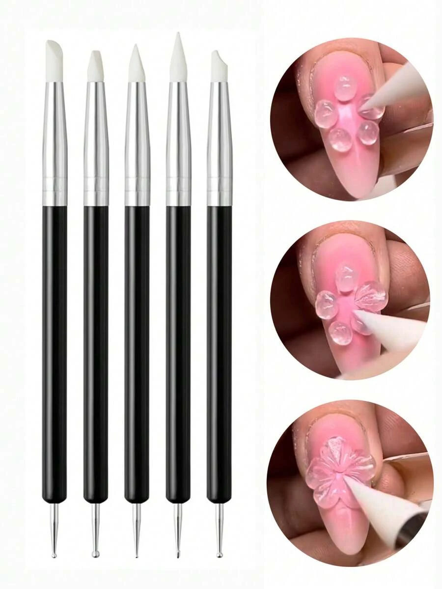5 pièces Pinceaux en silicone pour nail art acrylique noir, pointes de peinture de carving, UV Gel, DIY Vernis, outils de modelage 3D de fleurs, de dessin et de manucure points