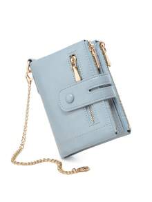 MIYIN 女士时尚多功能链条钱包三折双拉链日常使用带卡槽和可拆卸证件窗口，可存放信用卡/身份证/现金/硬币轻便便携休闲纯色短款钱包带防盗链商务现代商务休闲女士钱包礼物生日礼物周年纪念女士钱包钱包小钱包 - 淺藍色 - 查看 3