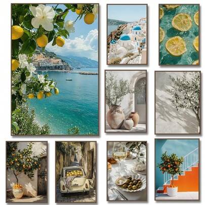1pc Italian Lemon Orange Olive Tree Retro Mediterranean Greece Landscape Poster Canvas Painting Wall Art Pictures Home Decoration Gifts Optional Frame ,Wall Art With Frame