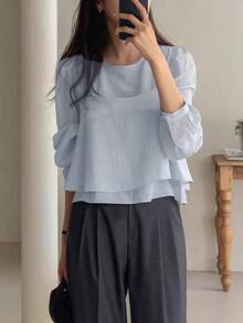 2025 春季新款时尚小众吊带背心，女士独特长袖衬衫套装 - 藍色 - 查看 3