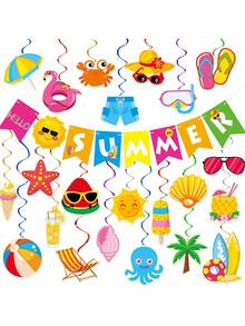 Set de decoración para fiesta de verano - 21 decoraciones para fiesta de playa y piscina, pancarta "Hola verano", colgante de playa y piscina, decoración en espiral con tema hawaiano, set de banderines en espiral de verano - Decoración para fiestas de cumpleaños, hogar, oficina y espacios al aire libre - Multicolor - Ver 10