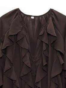 HZXVIC Women's New Autumn French Style Multi-Layer Ruffle Transparent V-Neck Drape Long Sleeve Blouse - Brown - View 3