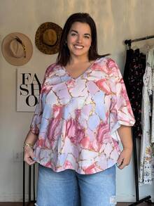 Enliva Jolene.Mendez Plus Size Boho Marble Print Batwing Sleeve Blouse, For Summer, For Apple Rounded Body Shape - Multicolor - View 5