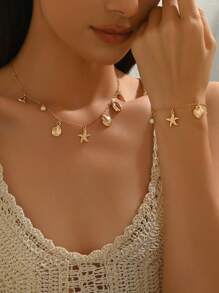 1pc Creative Ocean Theme Beach Vacation Style Sea Star & Sea Shell Pendant Necklace, Versatile Daily Wear