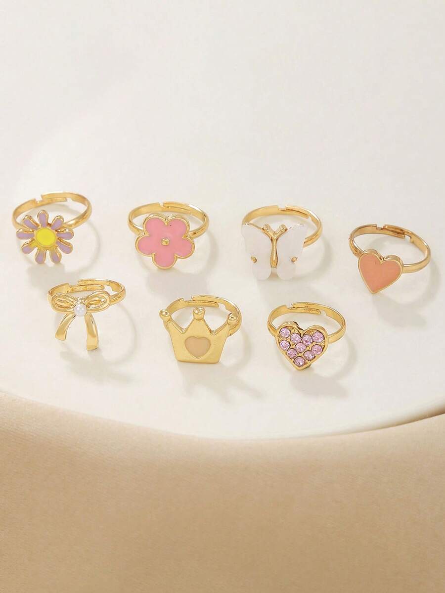 7 Pieces Teen Crown Daisy Bow Five Pointed Star Butterfly Gold Opening Gold Rings Jewelry Cheap Adjustable Rings
