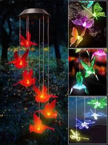 1 件变色太阳能风铃螺旋旋转风移动便携式防水户外装饰浪漫风铃灯适用于露台庭院花园家居（水晶球、红雀、蜻蜓、蝴蝶、蜂鸟。）