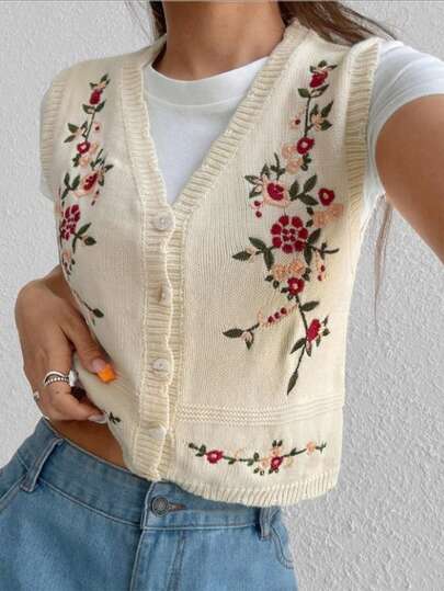 Elegant broderad stickad väst i plusstorlek