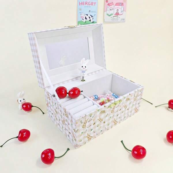 1pc Tartan Rabbit Shaped Jewelry Music Box, Bedroom Decor Accessory, Jewelry & Stationery Organizer With Mirror & Built-In Music, School Supplies,Back To School