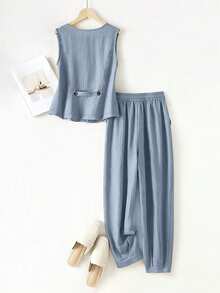 Women's Casual Vacation Linen Blazer, Vest And Pants Set, Spring/Summer