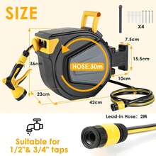 20/30m Hose Reel With Garden Hose, Wall-Mounted Hose Reel, 180° Swivel & Automatic Rewind, Wall-Mounted Hose Box Including 9-Function Hand Shower, For Watering, Car Washing - Xám đậm + vàng - Xem 2