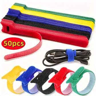 50 Piece Set Of Advanced Adjustable Zip Ties - Reusable, Multi-Color Nylon Fastening Straps With Hook And Loop Closure, Suitable For Office And Home Wire Management