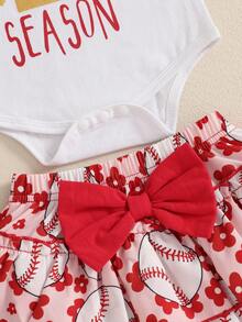 Baby Girls Summer Outfits Short Sleeve Letter Romper With Baseball Print Skorts And Headband And Socks Set - White - View 6