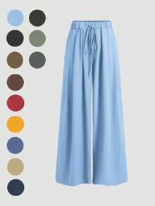 飘逸阔腿裤：轻盈梭织面料搭配弹力抽绳腰带，修身显瘦，是通勤、购物和居家休闲的必备单品。新款春秋季女式休闲裤，适合约会、学生和日常出行。百搭风格，休闲、海滩等场合皆可穿着。抽绳腰带设计，适合外出和居家穿着。 - 藍色 - 查看 3