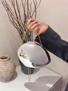 1pc New Fashionable Personalized Golden Acrylic Shell Clutch, Elegant Glittering Elliptical Evening Bag, Luxury Hard-Case Box-Shaped Bag With Metallic Electroplating Shiny Surface, Chic Party Bag With Removable Metal Chain Strap, Suitable For Wedding And Party, Gift For Women - 銀色 - 查看 3