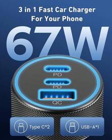 , 3-Port 67W Dual USB-C & USB-A Car Power AdapterMax, PD/QC Fast Charging Cigarette Lighter For IPhone 16/15/14/13/12/11/Pro  222