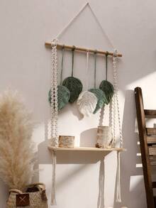 1 件手工编织 Macrame 挂架，带叶状流苏 - 波西米亚风格壁挂收纳整理器，适用于家居装饰、卧室或客厅 - 装饰性木质架子，用于展示和储存