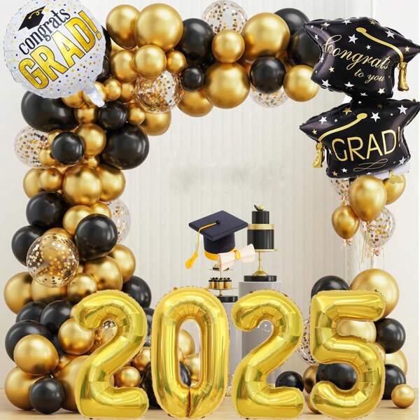 Decoraciones para fiesta de graduación en negro y oro 2025 - Kit de arco de globos que incluye globos negros y dorados, globos de 32 pulgadas con el número 2025 y globos de mirchaluminio para decoración de graduación, Clase de 2025