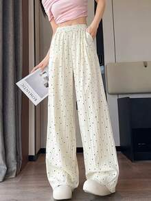 Korean Style Polka Dot Loose Straight Leg Casual Wide Leg Pants - Apricot - View 3