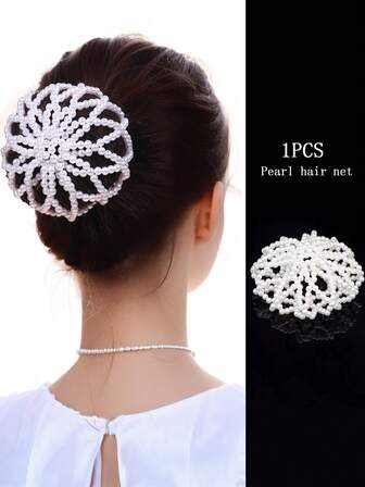 1pc Elegant Pearl Hair Net For Girl, Suitable For Bun Hairstyle, Dance Performance, And Commuting To Work