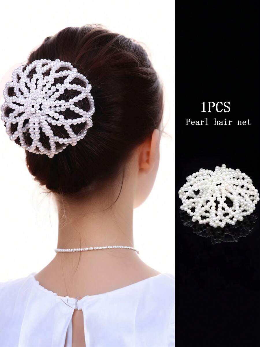 1pc Elegant Pearl Hair Net For Girl, Suitable For Bun Hairstyle, Dance Performance, And Commuting To Work - White - View 1