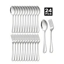 24pcs Stainless Steel Dessert Forks And Spoons Set, Suitable For Home Kitchen, Restaurant, Wedding Party