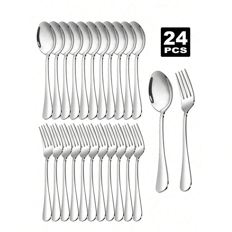 24pcs Stainless Steel Dessert Forks And Spoons Set, Suitable For Home Kitchen, Restaurant, Wedding Party