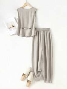 Women's Casual Resort Linen Vest And Pants Set, Spring/Summer