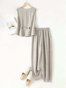 Set di canotta e pantaloni in lino casual da donna, ideale per primavera/estate