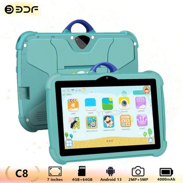4GB RAM+64GB ROM/7-Inch Children's Tablet/4-Core 1.3GHz/Android 13 MTK8321/1280x800 IPS High-Definition Resolution IPS Screen/2MP+5MP Camera/4000mAh Large Battery/Supports WiFi Parental Control Educational Games/Uses ABS Plastic+Silicone BDF C8 Children's Education Tablet (Including: Packaging Box/Data Cable/Manual/OTG/Card Needle)