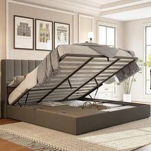 Queen/King Size Lift Up Storage Bed Frame, Linen Upholstered Platform Bed With Vertical Channel Tufted Wingback Headboard, Hydraulic System Design And Wood Slats Support, No Box Spring Needed, Elegant Bedroom Furniture, Dark Grey - 深灰色 - 查看 1