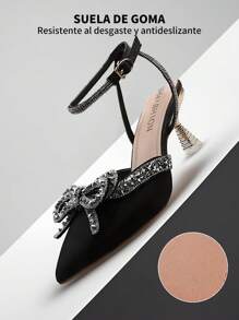 GlamourGrip Zapatillas de tacón elegantes para mujer con lazo brillante, tacones altos puntiagudos de punta estrecha y tacón grueso, zapatos cómodos de mujer tipo slingback con tira en el tobillo, tacones elegantes combinables con vestidos y ropa formal para fiestas, trabajo, citas, vacaciones, Halloween y Navidad