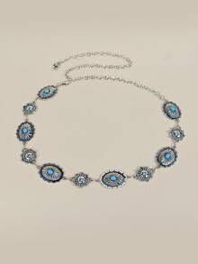 زنجيل خصر معدني منحوت على الطراز الشرقي القديم قطعة واحدة، حزام خصر من المعدن بأسلوب بوهيمي، لون فضي كلاسيكي، عدة ثقوب للتعديل، إكسسوارات جسمية مناسبة للاستخدام اليومي والرحلات والأعياد والهالوين