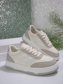 1 Par de Tênis Estilosos e Simples de Mulher em Bloco de Cores Brancos, Sapatos Casuais de Moda Leves, Antiderrapantes e Confortáveis, Versáteis para Ir e Vir, Lazer, Esportes, Exterior, Novos Lançamentos 2025