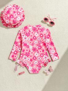 Traje de baño de una pieza con estampado floral y gorra para niñas, de manga larga - Rojo y blanco - Ver 2