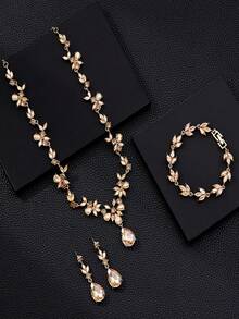 A Set Of 4 Pieces/Pieces Of Fashionable And Elegant Alloy Rhinestone Glass Necklace, Earrings And Bracelet Jewelry, Suitable For Women's Weddings, Banquets, Balls And Parties - Rượu sâm banh - Xem 6