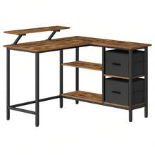 L-Shaped Desk With 2 Spacious Drawers, Gaming Desk With Monitor Stand, Corner Desk, Computer Desk With Adjustable Storage Shelf, For Home Office, Rustic Brown - 鏽棕色 - 查看 6