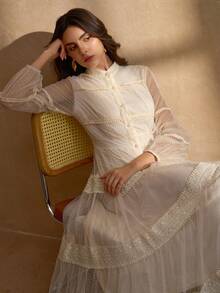 Elegant Multi-Layer Lace Patchwork Open Front Long Sleeve Women Cocktail Dress - Apricot - View 8