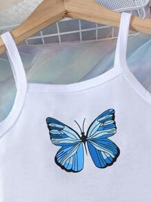 Conjunto informal de 2 piezas para niñas pequeñas, top de tirantes con estampado de mariposas y pantalones cortos de aspecto vaquero, apto para niñas de 4 a 7 años, para uso en exteriores en verano
